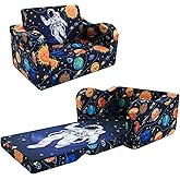 MeMoreCool Folding Kids Couch – 2-in-1 Toddler Sofa Bed & Lounge Chair | Astronaut Print | Fold-Out Design | Washable Cover | Ages 1–3