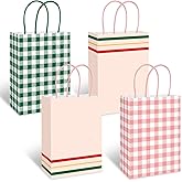 FYSUIMU 24Pcs Gingham Paper Bag Pink Green Plaid Camp Treat Bags with Handles Candy Goodie Gift Bags for Birthday Baby Shower Bachelorette Party Favors Supplies