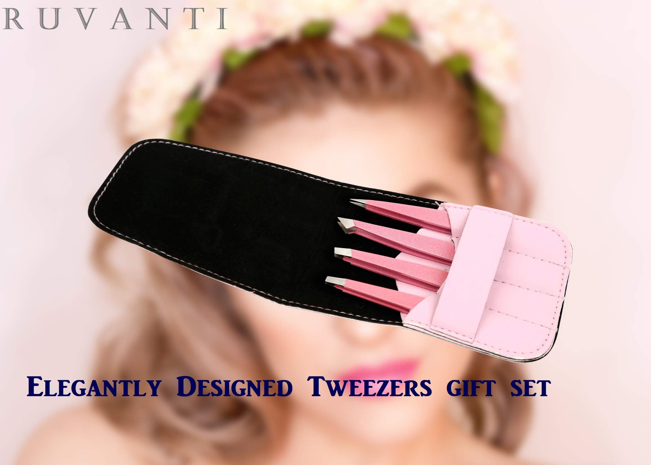 Ruvanti-4 Piece Professional Stainless Steel Tweezers Set - Eyebrow Tweezers, Slant tip, Pointed & Straight Best Precision Tweezers for Facial & Ingrown Hairs,Splinter & Hair.