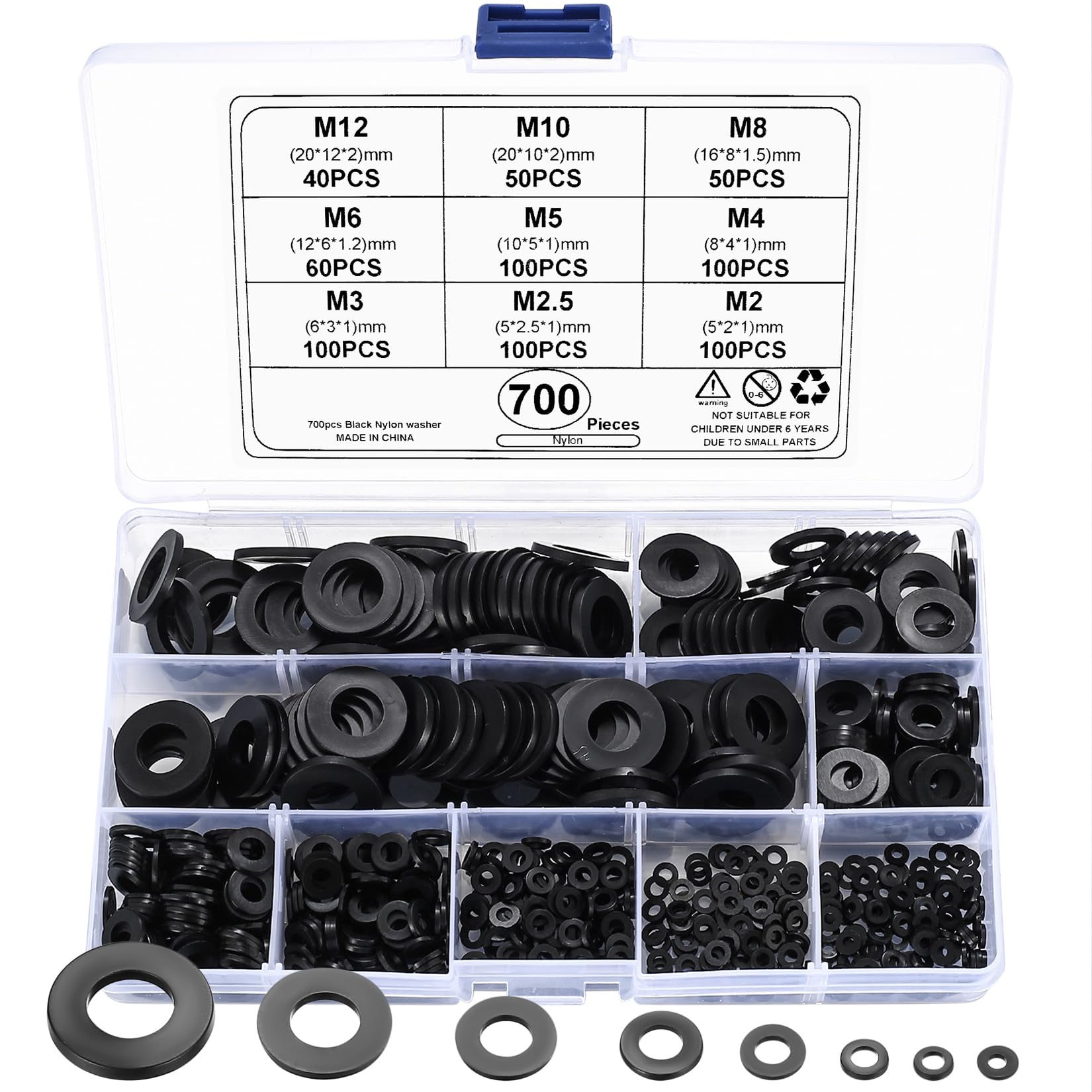 700 Pcs Nylon Flat Washers Kit, Round Flat O Ring Washers Spacers, Nylon Plastic Locking Washer Kit, Tap Sealing Gasket Washers for Plumbing, Tap, Mechanical Repair - M2/M2.5/M3/M4/M5/M6/M8/M10/M12