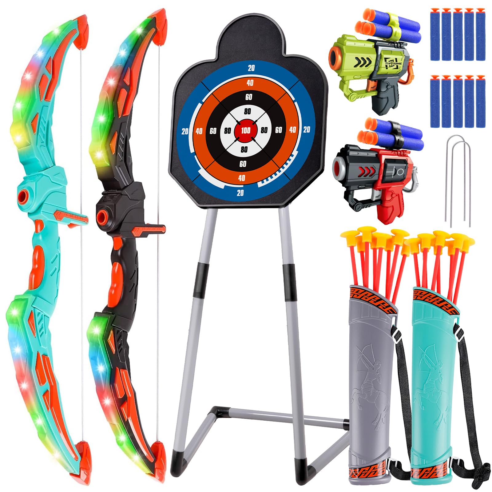 Photo 1 of 2 Pack Bow and Arrow for Kids Sports and Outdoor Play Toys Archery Set with LED Light Up 16 Arrows 1 Standing Target 2 Quiver Indoor Outdoors Toy for Age 4-12 Year Old Boy Girl Gift