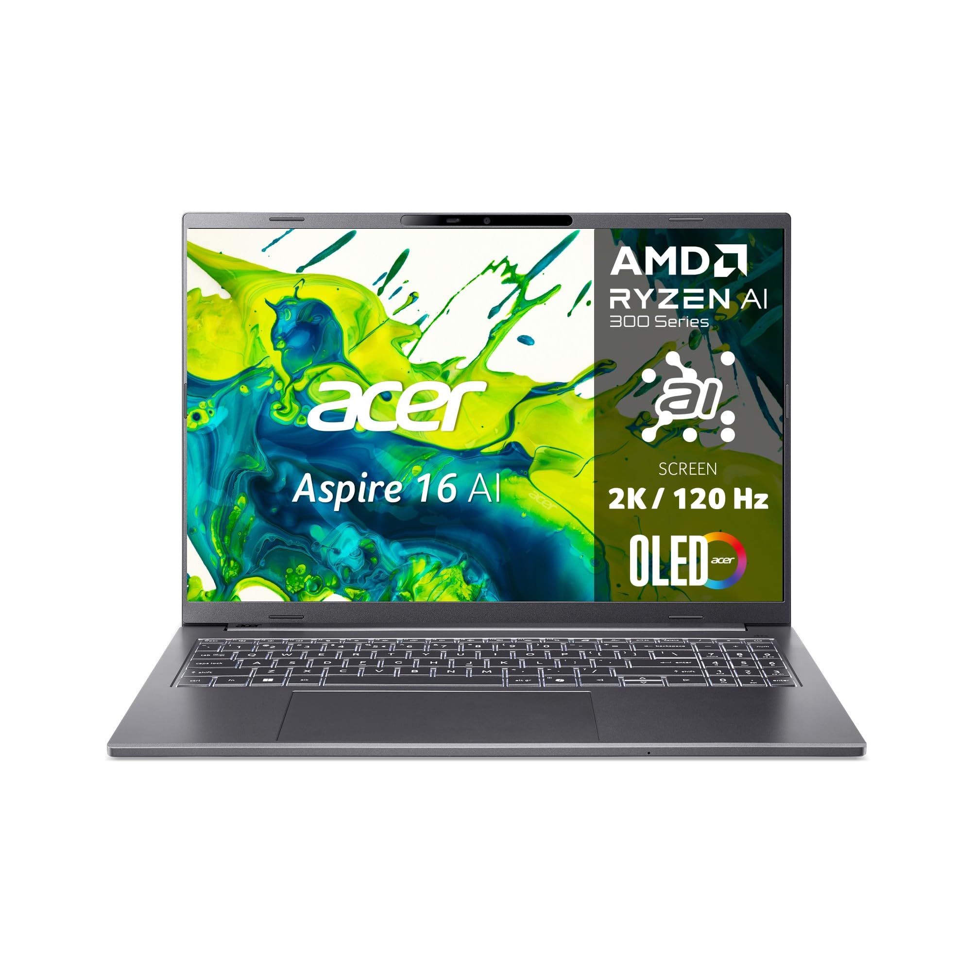 acer Aspire 16 AI OLED (A16-61M-R8RH) AI Laptop, Copilot+ PC, 16 Zoll WUXGA+ OLED 120Hz Display, AMD Ryzen AI 5 340, 16 GB RAM, 512 GB SSD, AMD Radeon 840M, Windows 11, QWERTZ Keyboard, Grey
