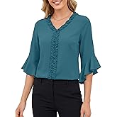 Blooming Jelly Womens Dressy Casual Blouses 3/4 Length Bell Sleeve V Neck Ruffle Tops Trendy Summer Business Work Shirt