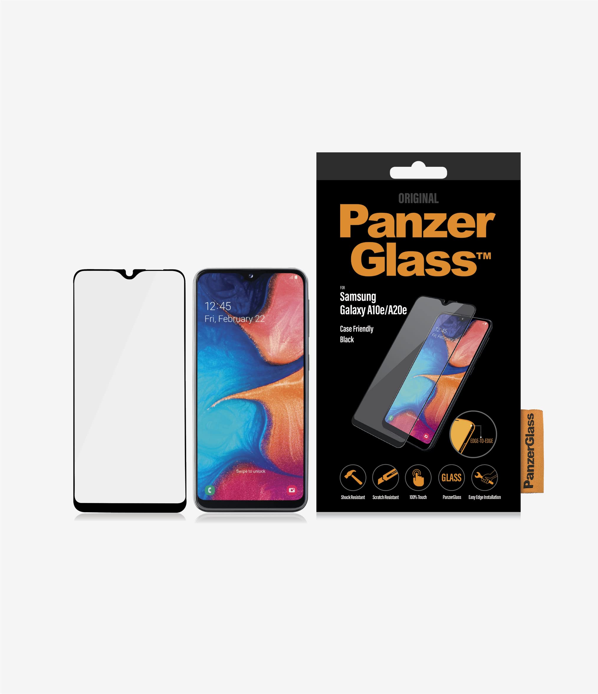 PanzerGlass Samsung Galaxy A20e Edge to Edge Tempered Glass Screen Protector Tough Scratch Resistant Anti Fingerprint - Black/Clear
