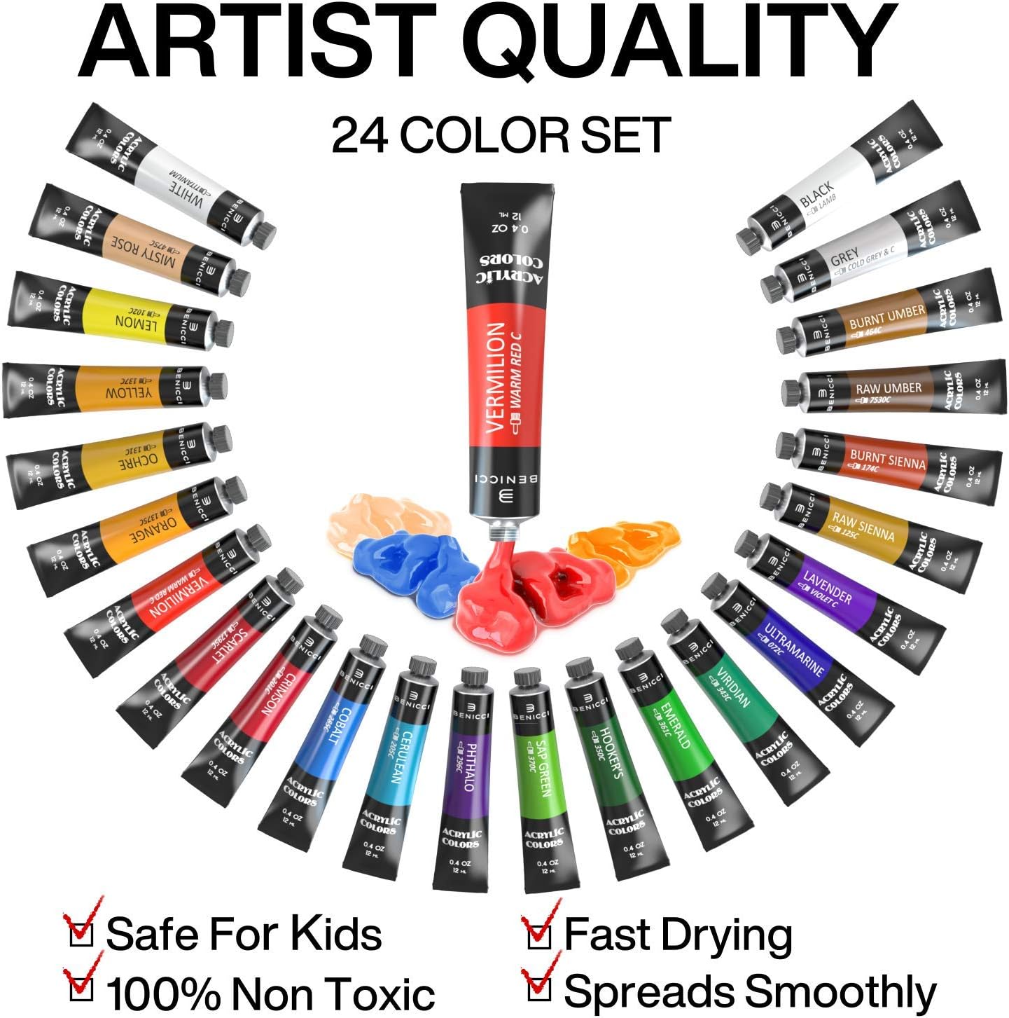 Complete Acrylic Paint Set – 24х Rich Pigment Colors – 12x Art Brushes with Bonus Paint Art Knife & Sponge – for Painting Canvas, Clay, Ceramic & Crafts, Non-Toxic & Quick Dry – for Kids & Adults