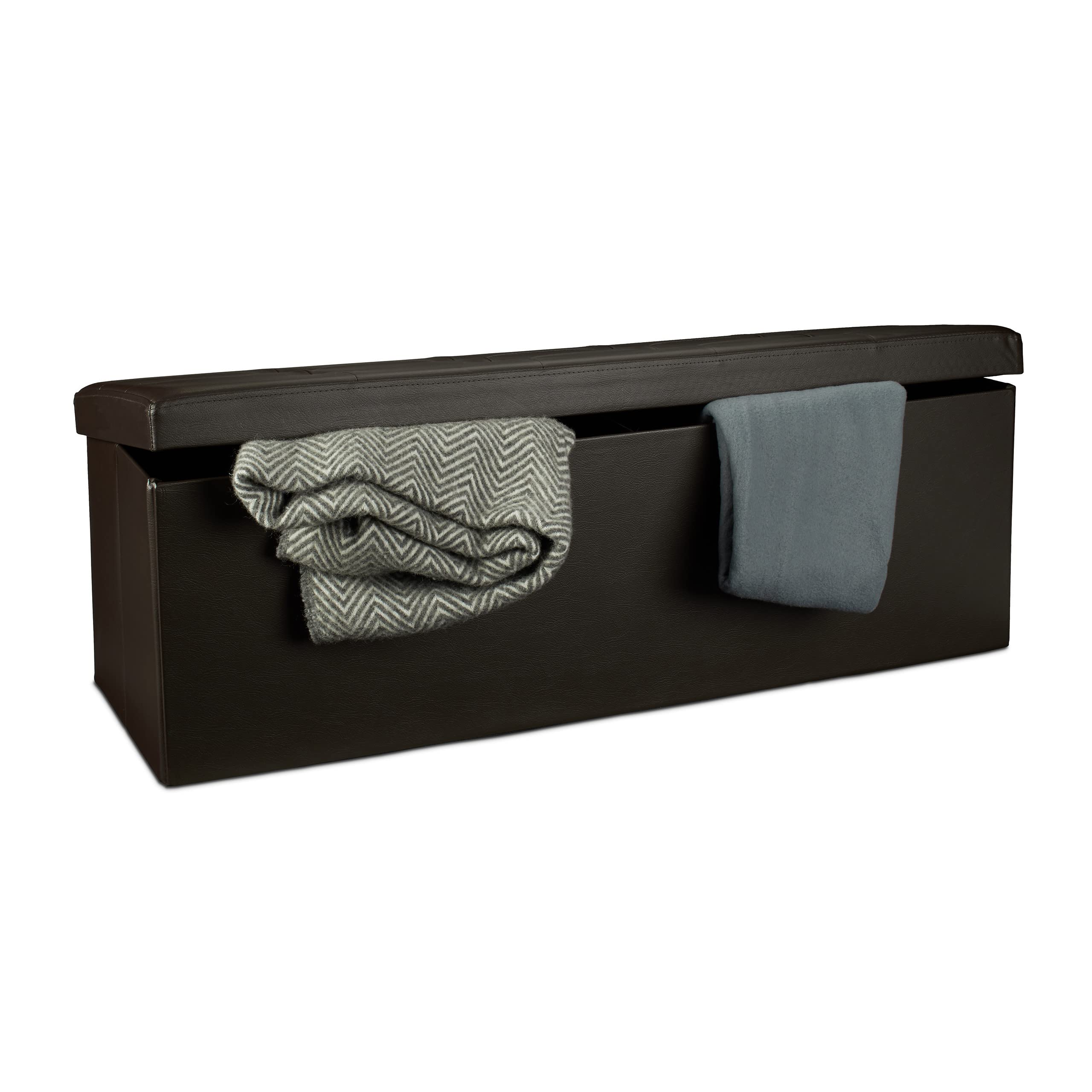 Relaxdays Folding Storage Ottoman XL, 38 x 114 x 38 cm Sturdy Seat with Bench, Faux Leather, with Removable Lid, Brown