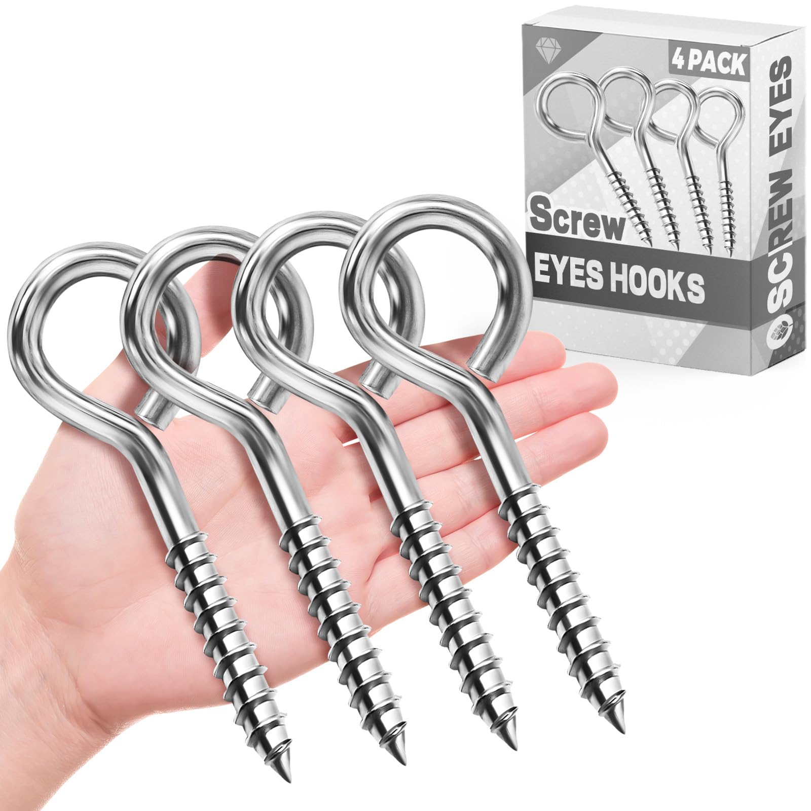 4 Pack Eye Bolts Screw in, 5 Inch Heavy Duty Eye Hooks Screw, Stainless Steel Eye Screws for Wood, Large Anti-Rust Hammock Hooks for Tie-Downs, Lifting and Securing Cables Wires, Easy to Install,