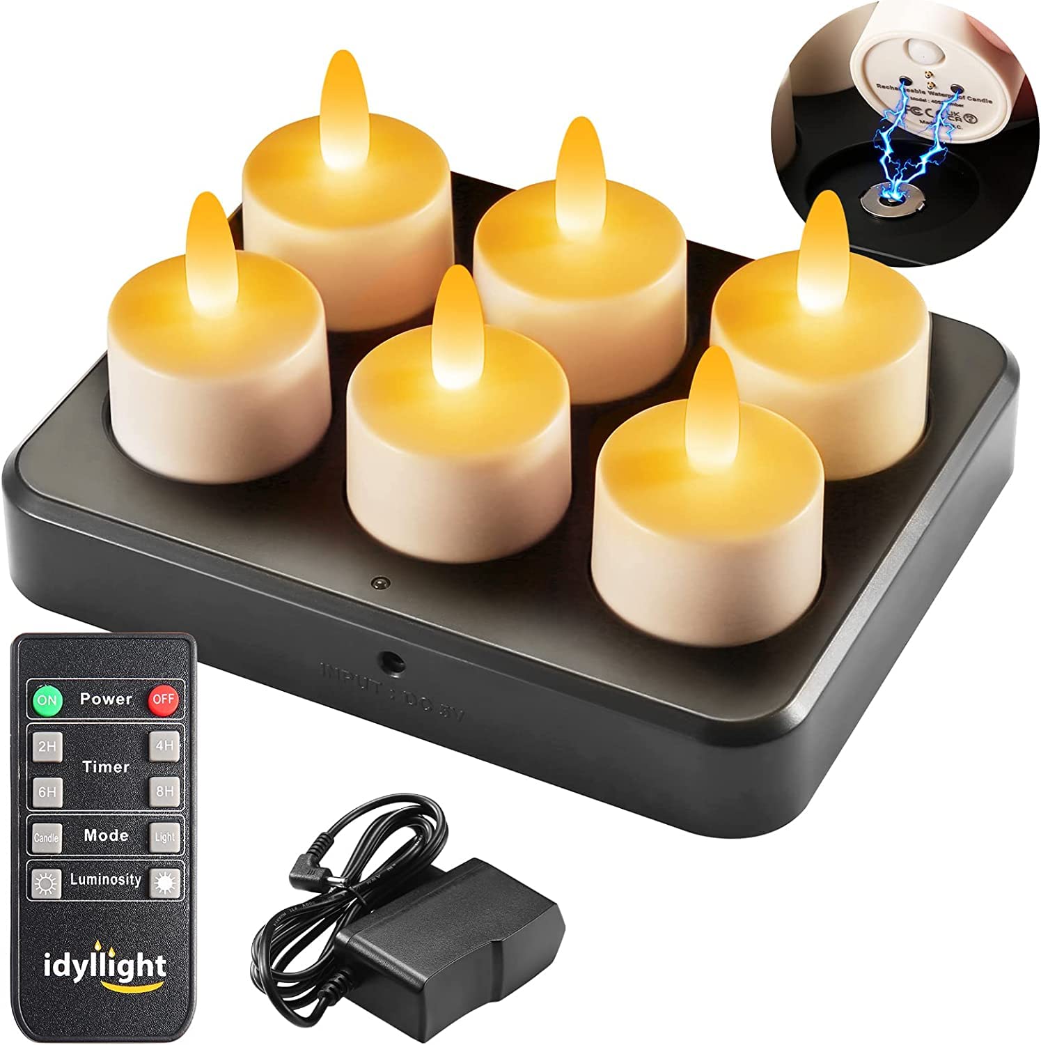 idyl light Rechargeable Tea Lights Candles with Remote Timer, 100 Hours Flameless Flickering Candles with Charging Base Waterproof for Votive, Centerpiece, Wedding, Halloween, Christmas 6 Pack