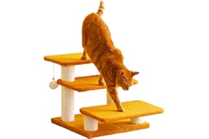 Furcato 15''H Multi-Step Pet Stairs for High Beds & Sofas, 3-Step Cat Stairs with 2 Toy Balls, Wide Boards for Indoor Kittens Dogs Pets Climbing, Yellow