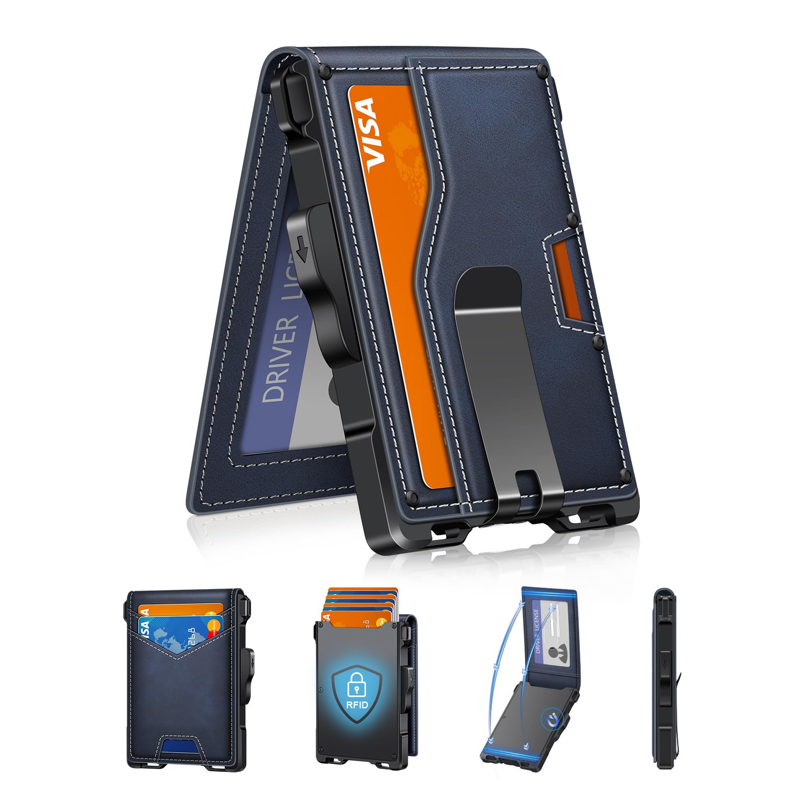 GHUKY Wallet for Men, Minimalist Slim Mens Wallet with Money Clip, RFID Blocking Smart Pop Up Card Wallet with ID Window, Compact Bifold Wallet,Metal Aluminum Credit Card Holder Image