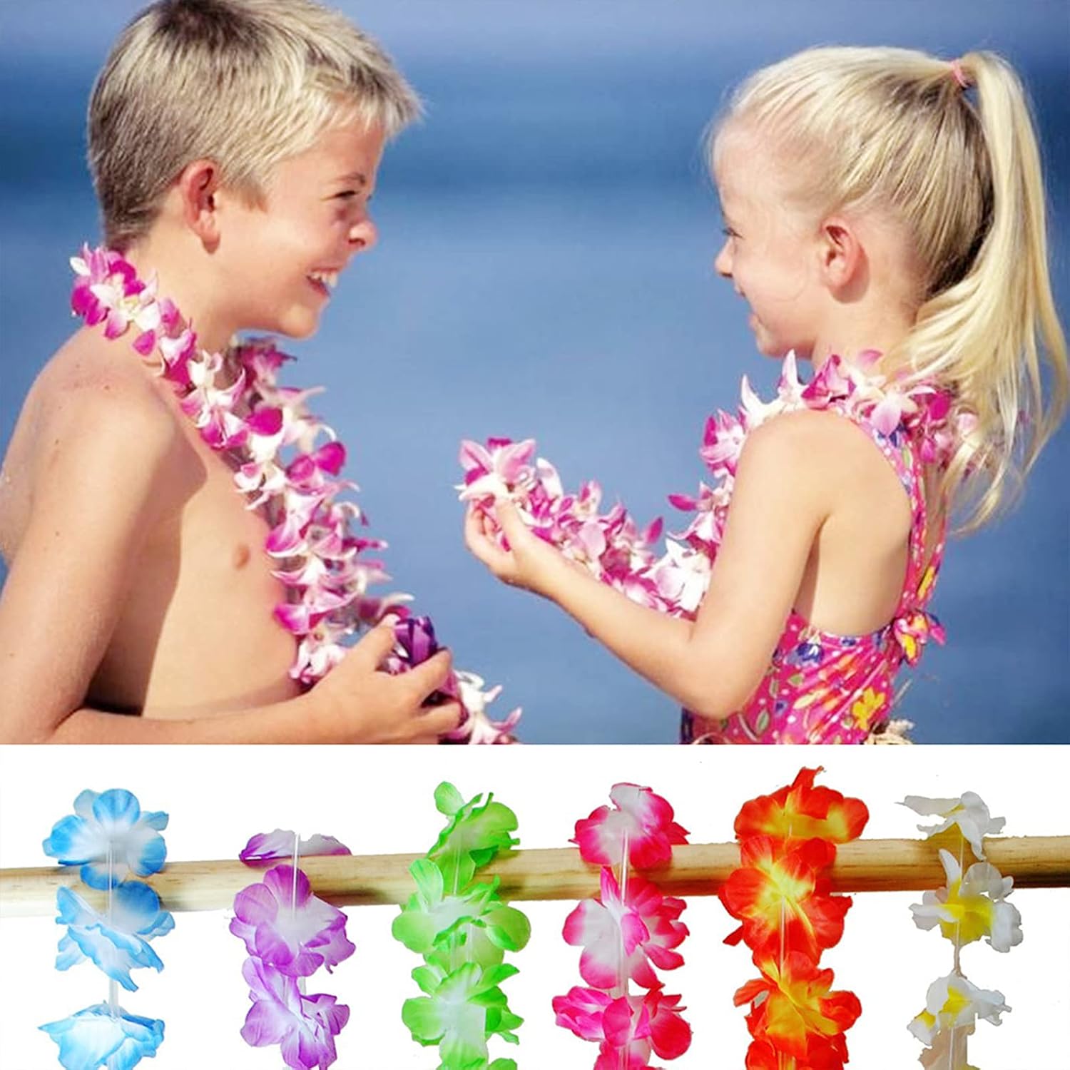 Hawaiian Leis Garland Necklace,36Pcs Colorful Ruffle Rainbow Flowers,Tropical Luau Flower Lei Silk for Summer Theme Dress Party Decorations,Beach Vacation Birthday Party Favors,Wedding Party Supplies - Image 5