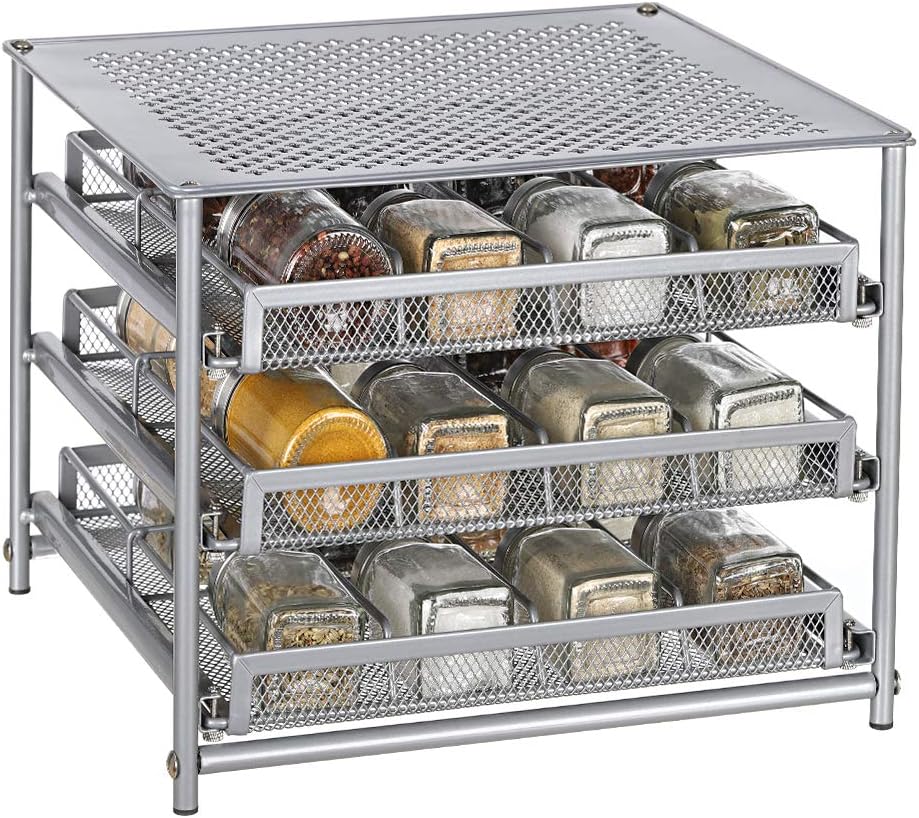 NEX Spice Rack Organizer for Cabinet, 3 Tier 24-Bottle Spice Drawer Storage for Kitchen Pantry Countertop, Metal, Silver: Home Improvement