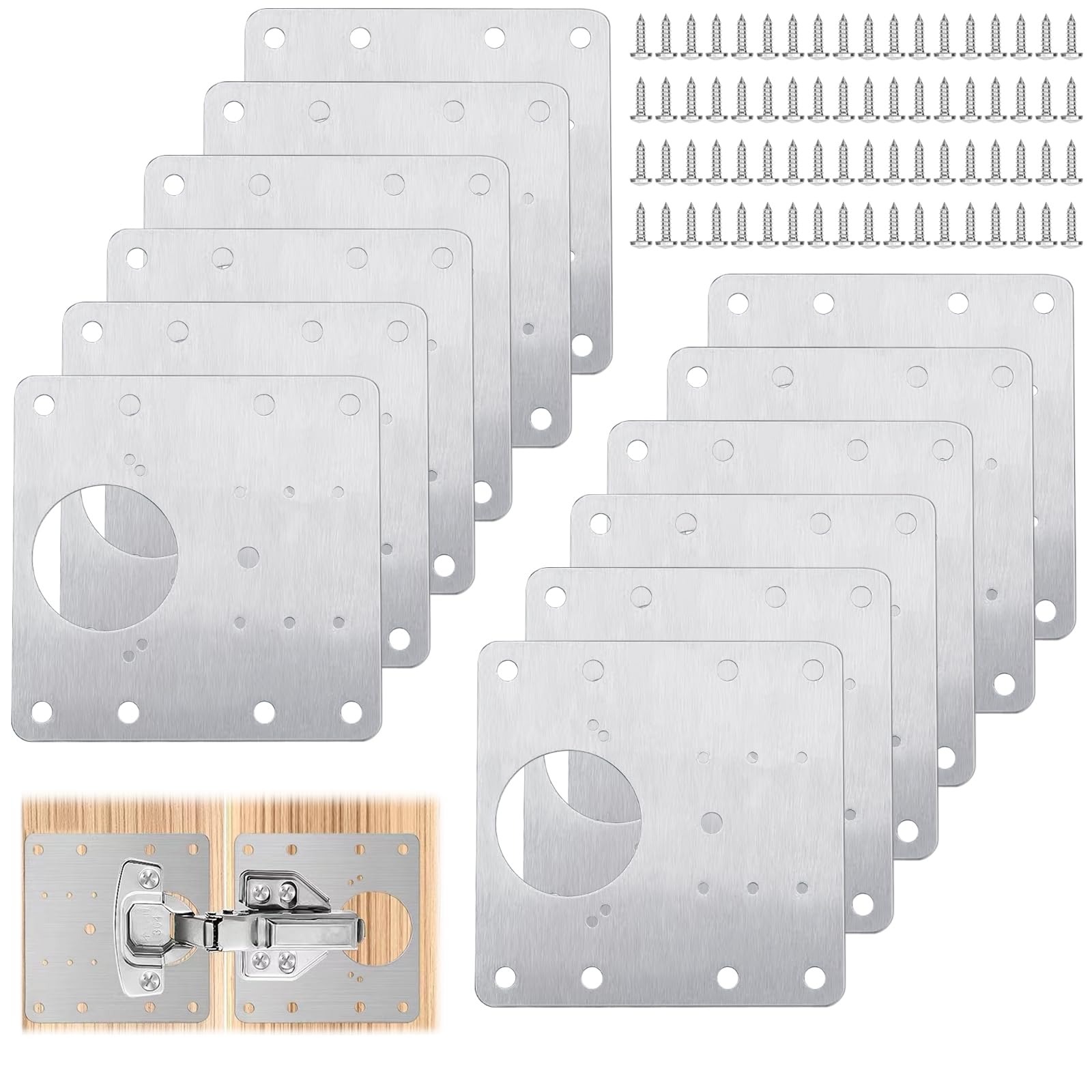 Selutiya 12PCS Hinge Repair Plate,with 80 PCS Screws,Kitchen Cupboard Hinge Repair Plate,Stainless Steel Hinges Repair Plates Brackets with Holes