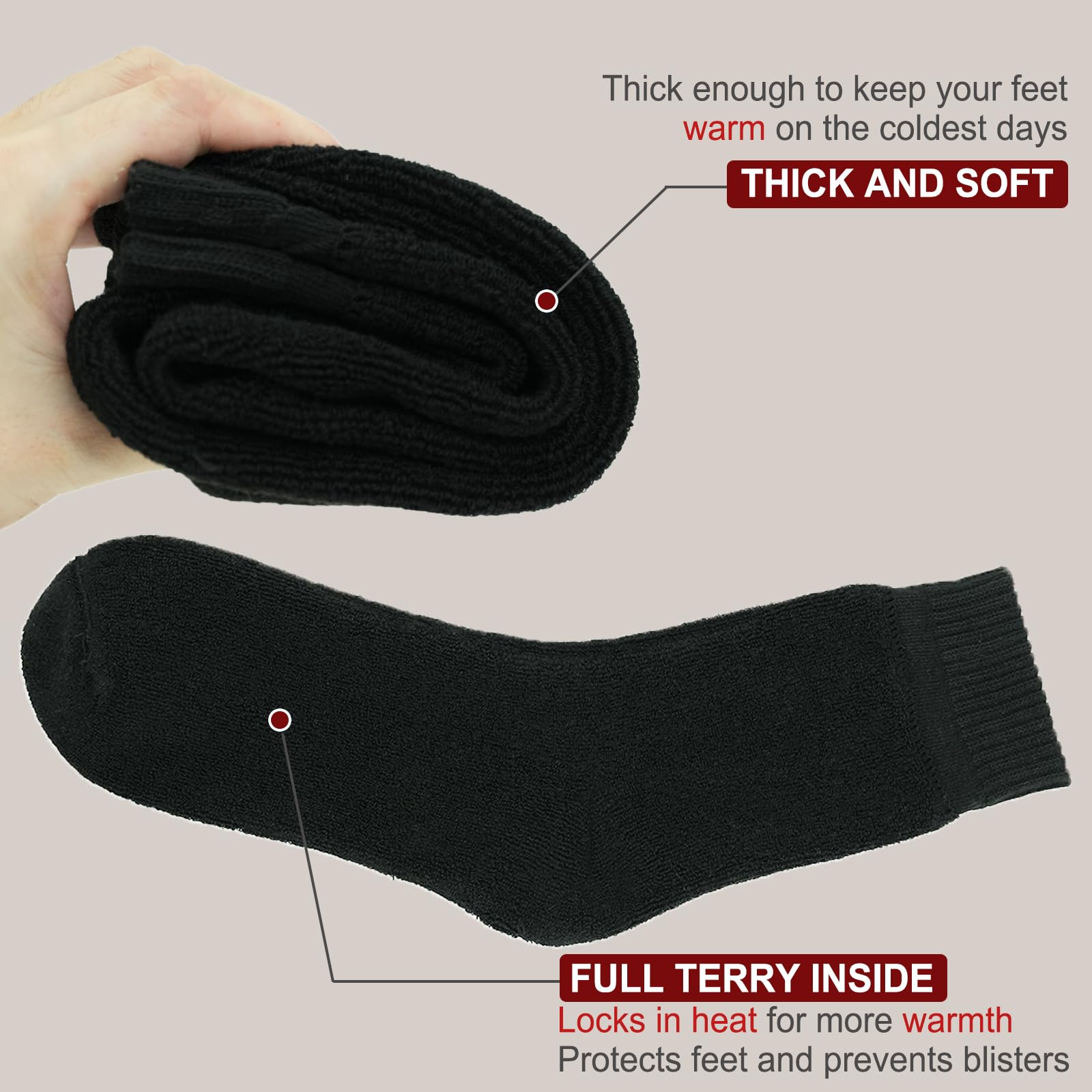 MOSOTECH Thermosocken Herren, 5 Paar Dicke Warme Socken Herren, Atmungsaktiv Schwarz Socken Wintersocken Wollsocken Wandersocken, EU Größe 39-45 4