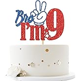 Bro I'm 9 Cake Topper, Bruh It's My Birthday, Cheers to 9 Years Old Birtthday for Big Brother, Happy 9th Birthday Party Cake Decorations Supplies for Boy, Blue & Red Glitter