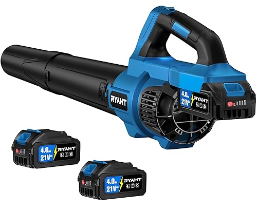 RYAHT Leaf Blower Cordless, 21V Powerful Electric Leaf Blower with 2 X 4.0Ah Batteries and Charger, 2 Speed Modes, Handheld Lightweight Leaf Blowers for Lawn Care, Patio, Dust, Blowing Leaves, Blue