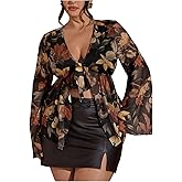 BEAUDRM Women's Plus Size Mesh Bell Sleeve Top Boho Floral Ruffle Tie Front Bowknot V Neck Peplum Blouse