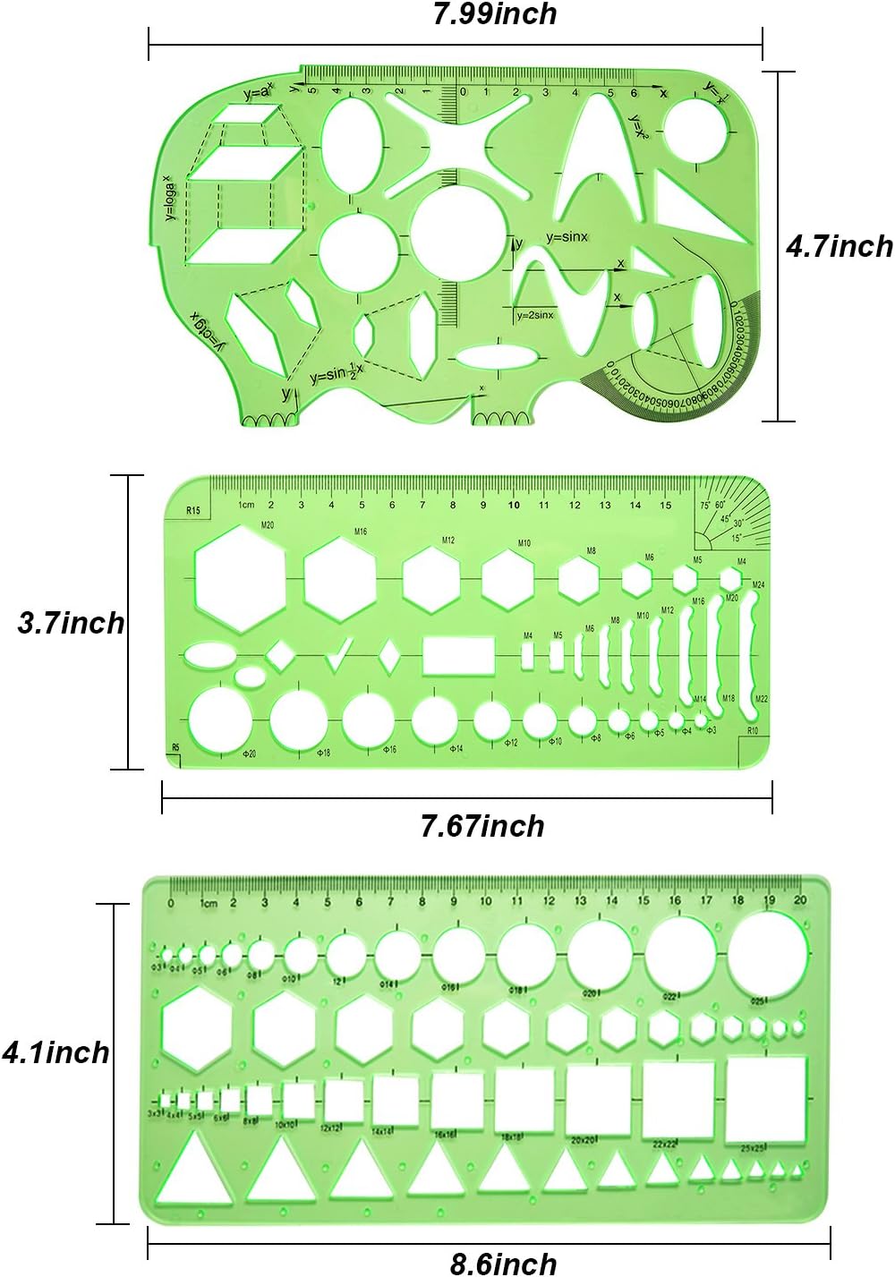 9 Pieces Drawings Templates Measuring Geometric Rulers Plastic Draft Rulers for School Office Supplies, Clear Green : Office Products