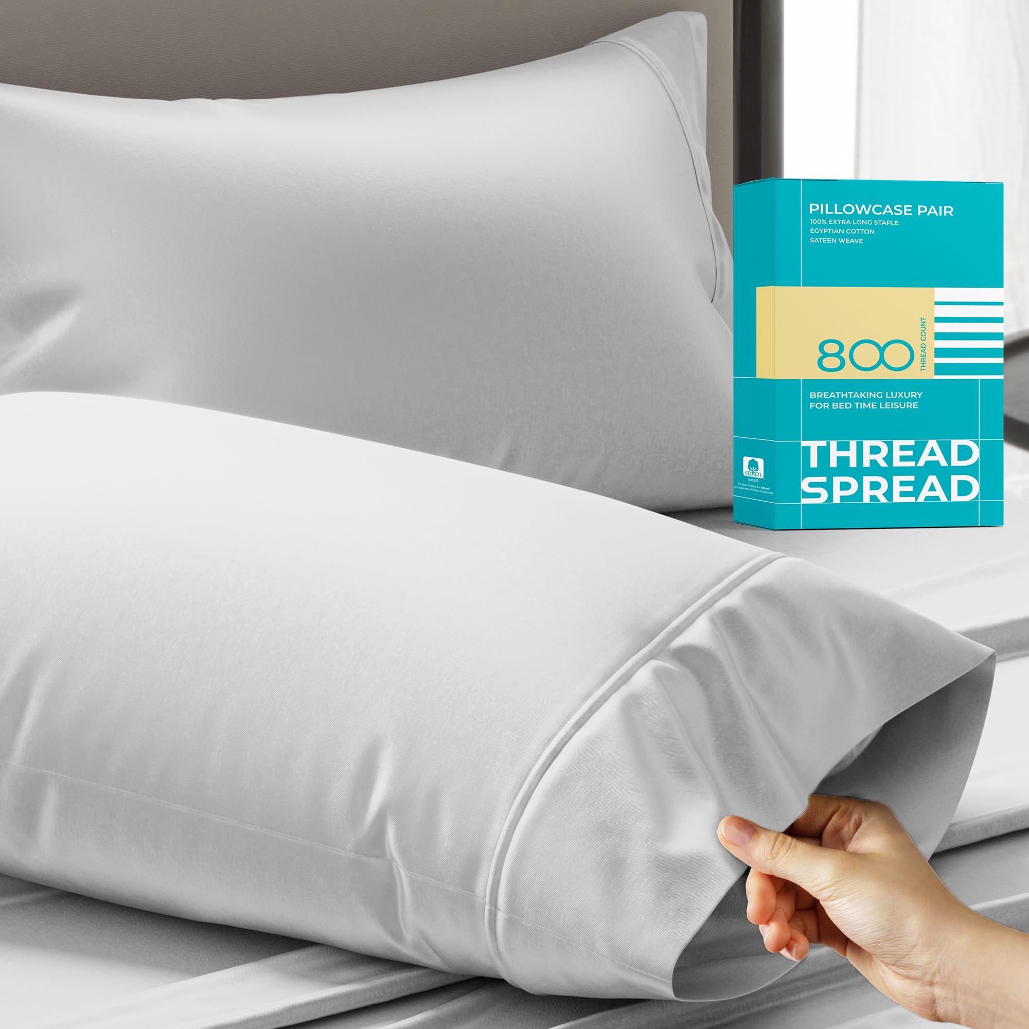 Photo 1 of THREAD SPREAD Pillow Cases Queen Size Set of 2-800 Thread Count 100% Egyptian Cotton Pillow Cases Standard Size, Silky Soft, Sateen Weave Luxury Hotel Bed Pillow Covers for Sleeping - Silver Grey