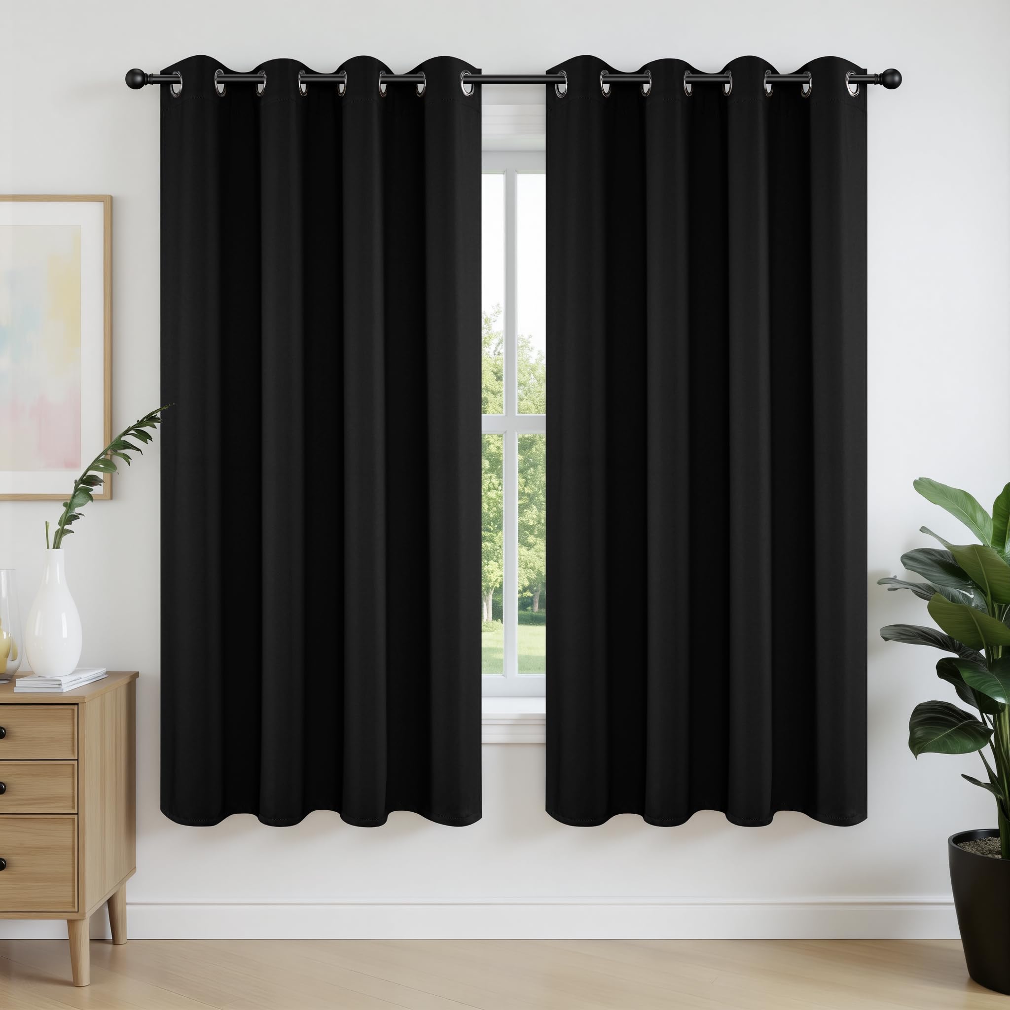 Joydeco Blackout Curtains 63 Inch Length 2 Panels Set, Thermal Insulated Long Curtains& Drapes 2 Burg, Room Darkening Grommet Curtains for Living Room Bedroom Window (W52 x L63 Inch, Black)