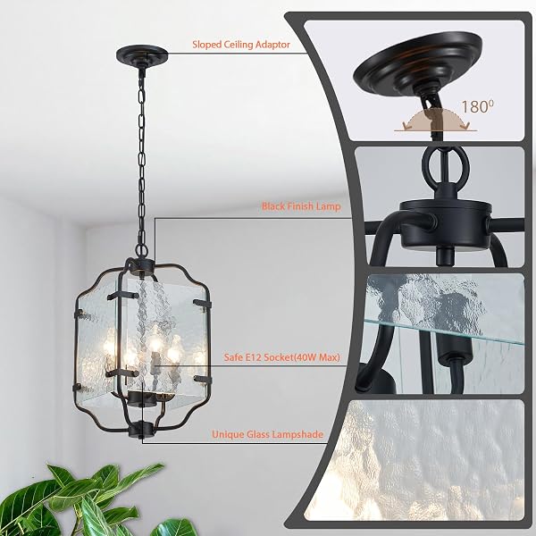 MAJHOIW 10.2″ BLACK CHANDELIERS GLASS 4 LIGHT MODERN FARMHOUSE LANTERN CAGE LAMP ADJUSTABLE HANGING PENDANT LIGHTING FIXTURE FOR KITCHEN ISLAND ENTRYWAY FOYER DINING ROOM