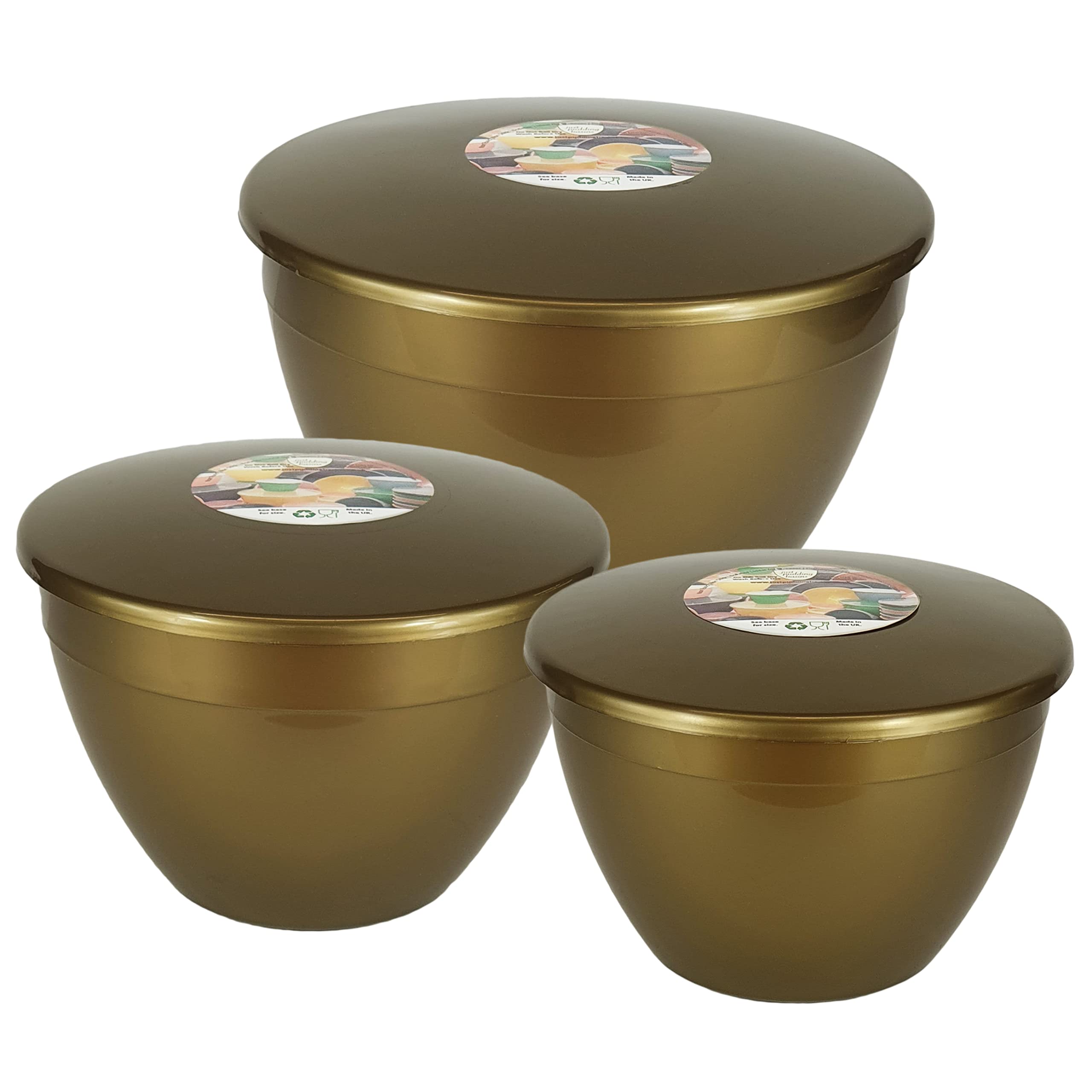 Just Pudding Basins 3 Plastic Steamer Bowls Larger Sizes and Lids in 1 Set, 1x 1.5pt (850ml), 1x 2 pint (1.14lt), 1x 3 pint (1.71lt) Gold