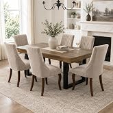 Extendable Dining Table Set for 6, 63"-79" Large Rustic Kitchen Table Set | Rectangular Aged Wood Kitchen Table with 6 Upholstered High Back Fabric and Solid Wood Legs Chairs