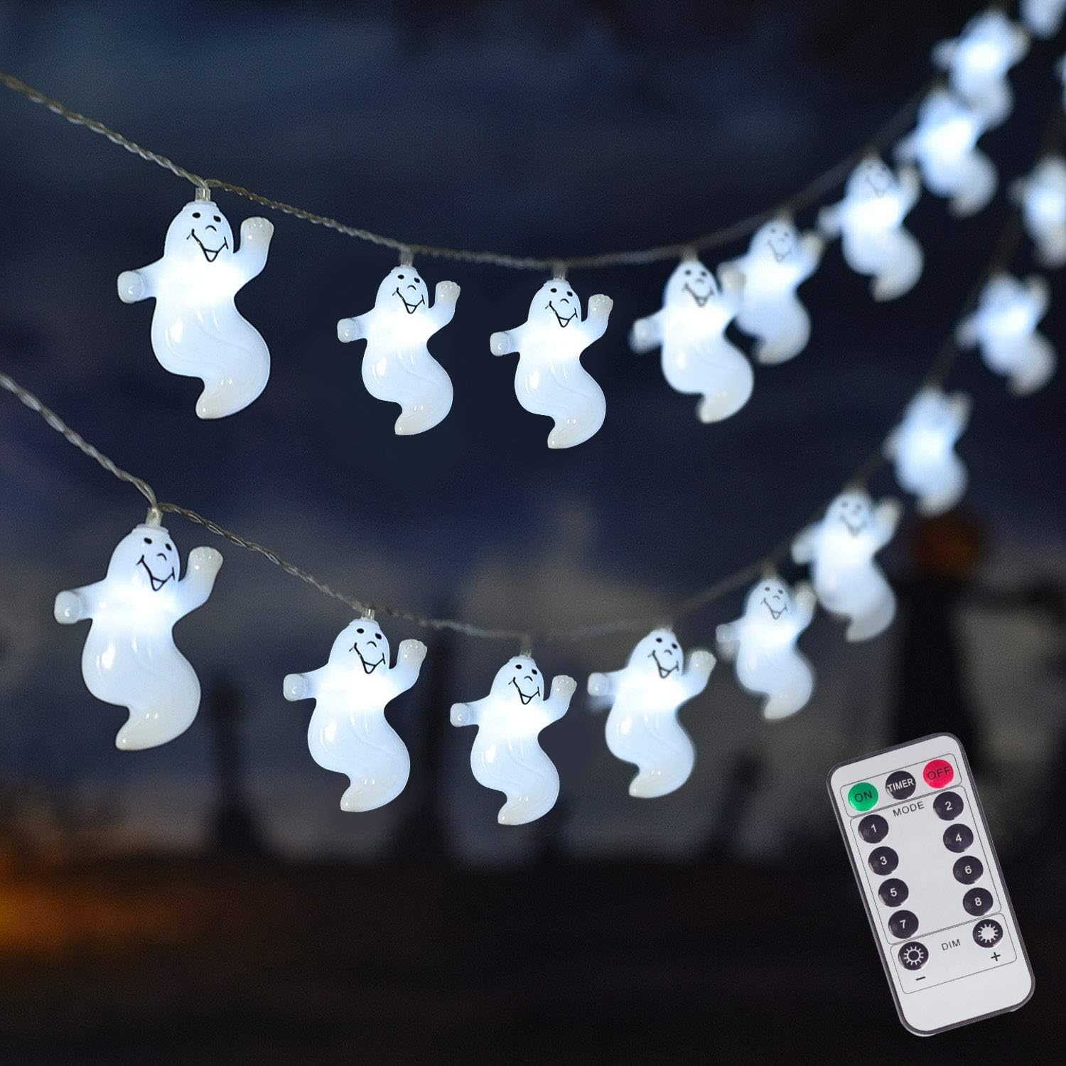 ILLUMINEW 30 LED Halloween Ghost String Lights, Battery Operated Halloween Lights with Remote, 8 Modes Fairy Lights Indoor Outdoor Party, Patio, Christmas, Halloween Decoration (Medium): Home Improvement