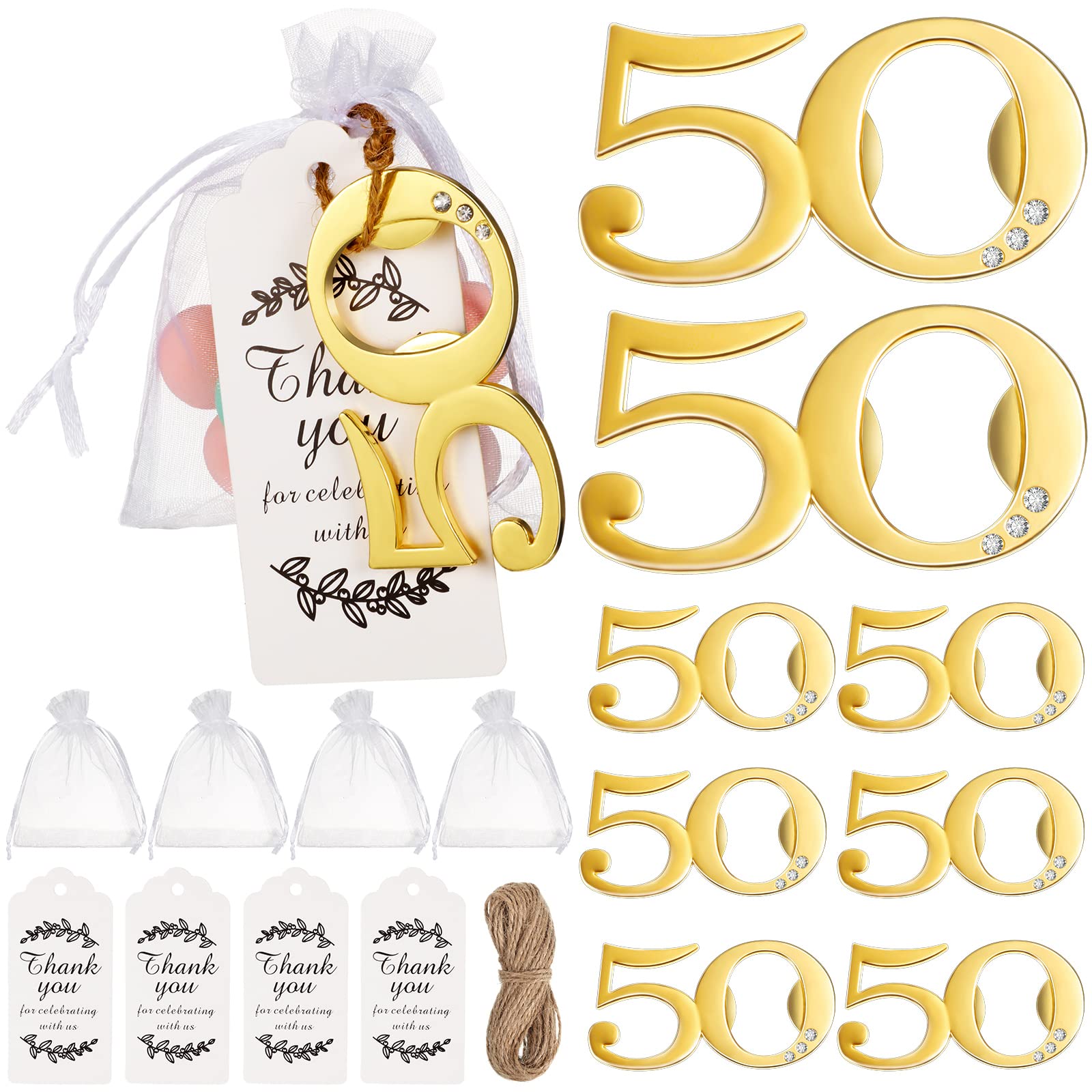 Photo 1 of 150 Pcs 50th Birthday Party Favors,50 Pcs 50th Birthday Party Favor Bottle Opener, 50 Pcs White Sheer Organza Bags,50 Pcs Thank You Tags 50th Anniversary Favors for Guests Gifts Birthday Souvenirs