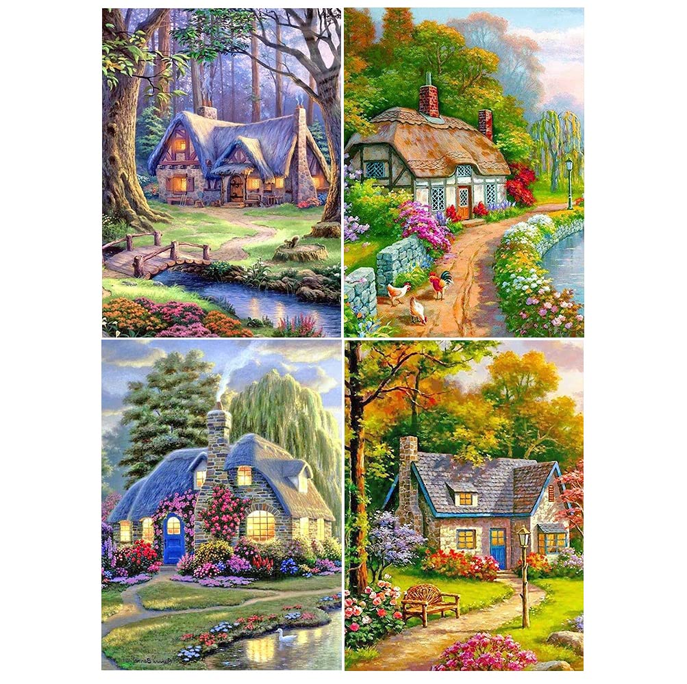 DCIDBEI 4 Pack Diamond Painting Landscape Adult 40x50 cm Flower Scenes Wall Pictures Diamond Painting Wonderful Scenery Diamond Art Mushroom Houses in Blue Painting Dream House and Garden
