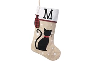 Shgngle 20 Inches Pets Initial Christmas Stocking,Cat Christmas Stocking Personalized with Wood Fish Tags Hanging Ornament,Xmas Gifts for Pets(Letter M)