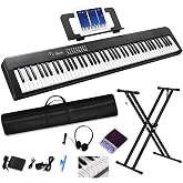 88 Key Piano Keyboard, Electric Digital Piano with Semi Weighted Keys, Keyboard Piano with Sustain Pedal, Power Adapter, Stand, Carrying Case, Headphones, USB-MIDI Compatibility, for Beginner Adults