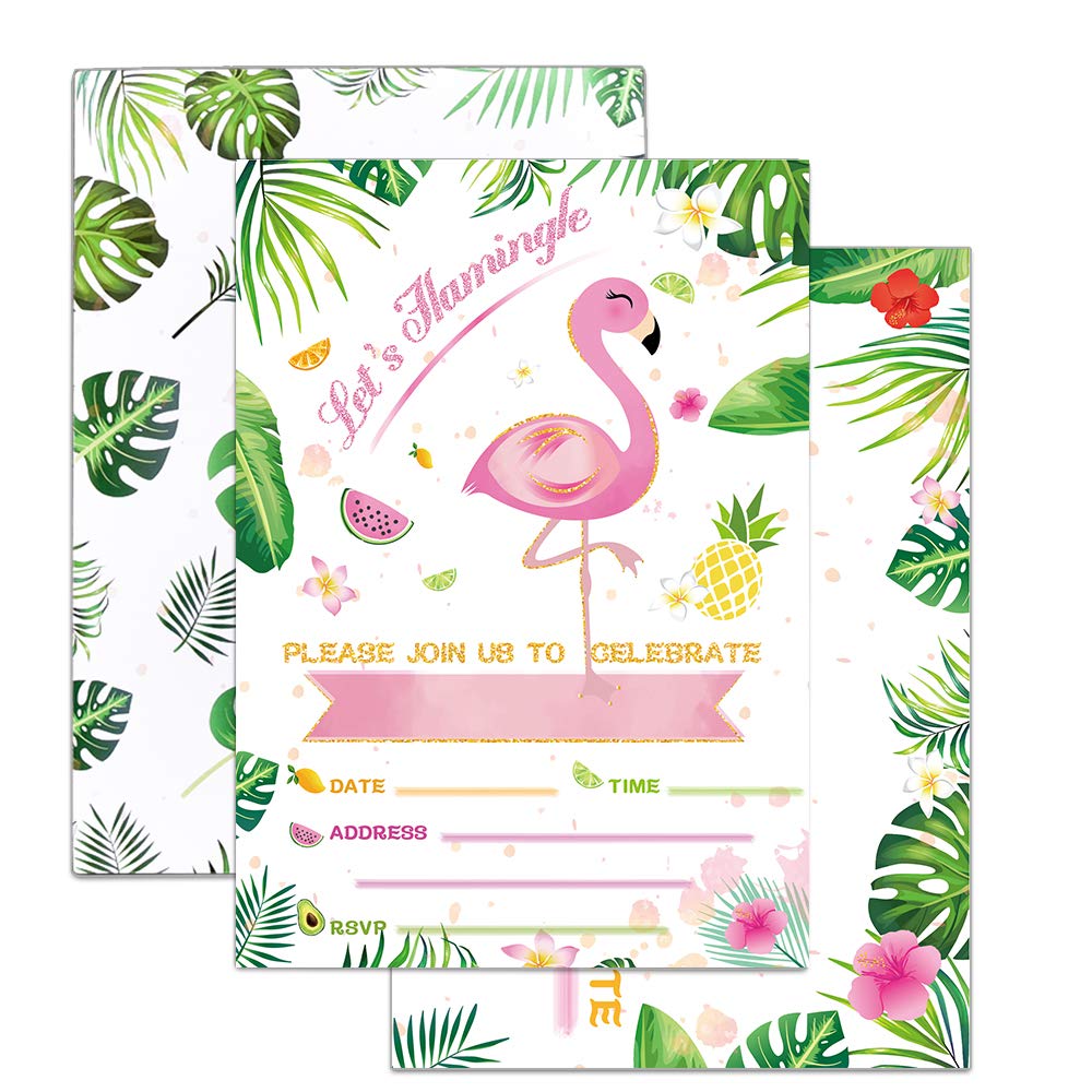 WERNNSAI Glitter Flamingo Party Invitations with Envelopes - 20 Set Luau Birthday Baby Shower Wedding Pool Summer Party Supplies Invitation Cards
