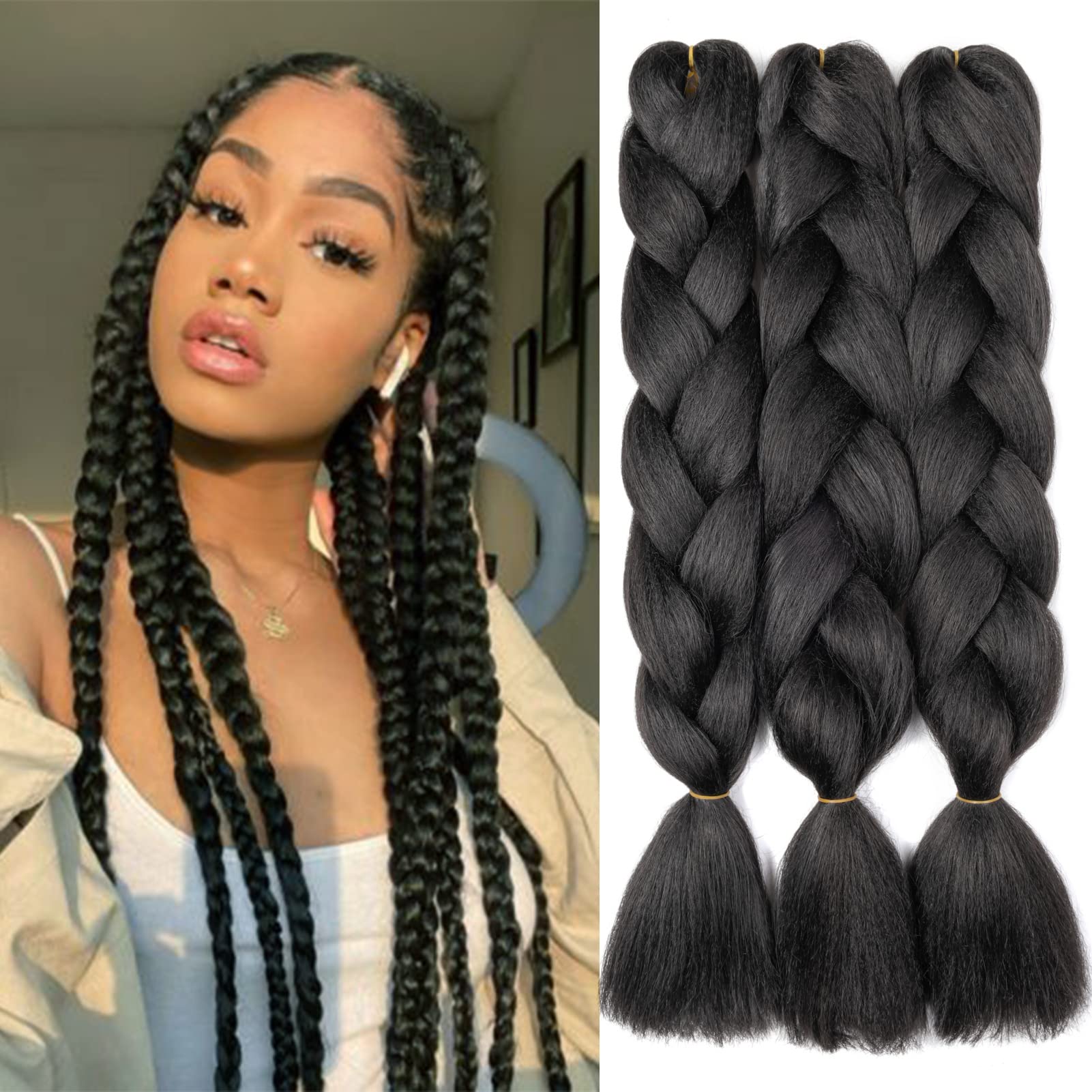 Gairyan Braiding Hair Extensions Ombre Jumbo Braids Synthetic Hair 3 Packs 24 inches 300g Coloured Hair for Braiding Extensions Box Braids Crochet Twist (Black) โ image 1