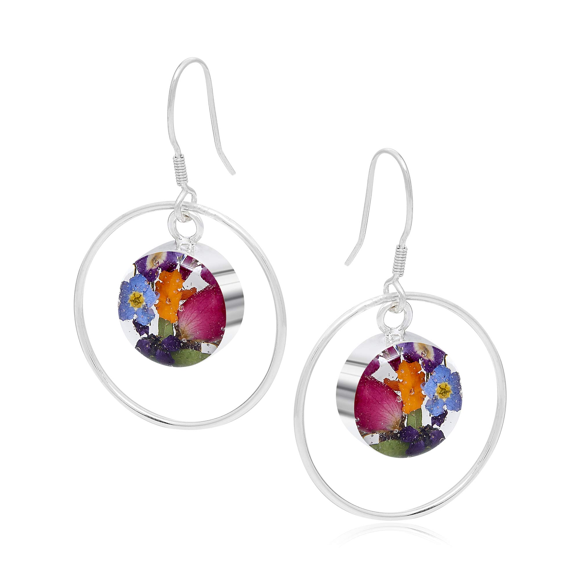 Shrieking Violet 925 Sterling Silver Round Hoop Real Flower Drop Earrings - Assorted Flowers (Multicolour)
