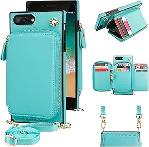 KIHUWEY iiPhone 8 Plus iPhone 7 Plus Crossbody Wallet Case with Card Slots,Embossed Butterfly Pattern Wrist Strap Kickstand Shoulder Cross Body Cover for iPhone 7/8 Plus 5.5 Inch (Emerald)