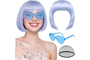 MEEZY Blue Gray Short Bob Wigs Straight Hair with Flat Bangs Heart Shape Sunglasses for Women, Colorful Funny Cosplay Party Neon Wig Synthetic Natural As Real Carnival Halloween Costume