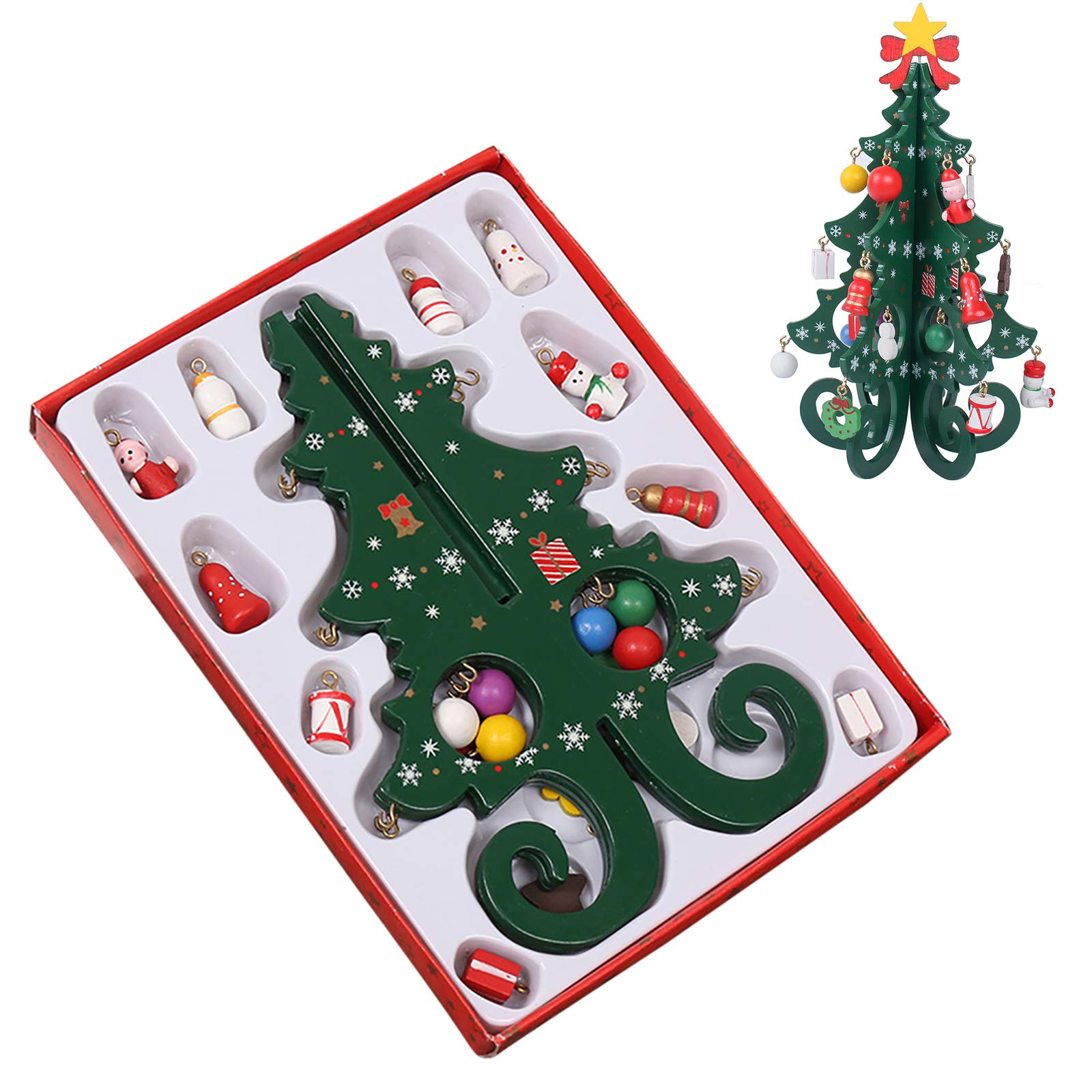 Develoo Wooden Christmas Tree Miniature Tabletop Ornament, Assemble Stereo Xmas Tree w/Detachable Baubles for Holiday Party Kids Gift