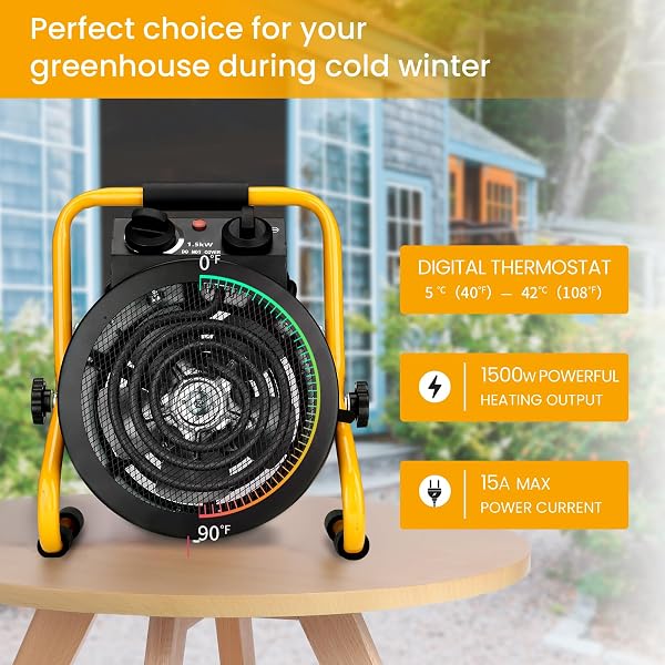 LHUKSGF GREENHOUSE HEATER WITH DIGITAL THERMOSTAT, GROW TENT HEATERS, OVERHEAT PROTECTION, FAST HEATING FOR GREEN HOUSE, FLOWER ROOM, YELLOW-BLACK