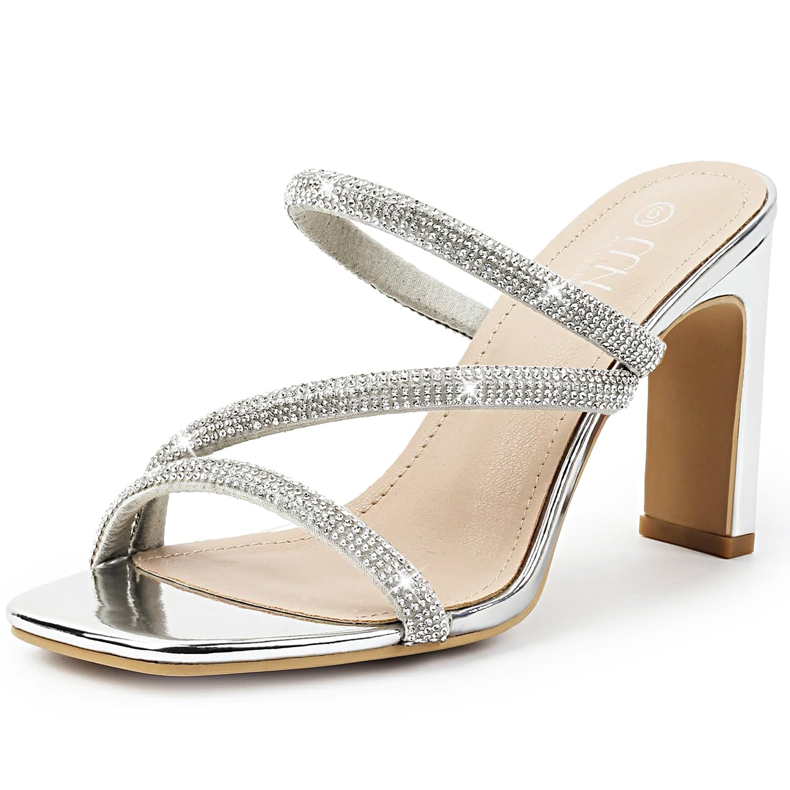 Photo 1 of High Heels Sandals for Women Rhinestone Open Toe Slip On with Strappy Strap Dressy Sparkly Heel Bridal Shoes Comfy Sexy Cute Silver Size 6