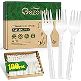 Gezond 100% Compostable Forks 100 Count, No Plastic Biodegradable PLA Forks Disposable Eco Friendly Heavy Duty Cutlery Suitable for Party Picnic Office Everyday Use
