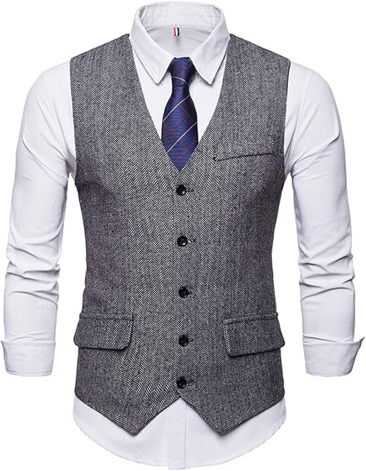 Jolime Gilet Costume Sans Manches Homme Vintage Tweed Herringbone Casual Daffaires Mariage Gris Xxl