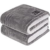 Sealy Heated Blanket Throw with Built-in Button Controller, Reversible Flannel to Sherpa Electric Blanket with 2-10 Hours Auto-Off & 4 Heating Levels, Over-Heat Protection, 50x60 inch, Light Grey