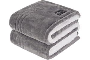 Sealy Heated Blanket Throw with Built-in Button Controller, Reversible Flannel to Sherpa Electric Blanket with 2-10 Hours Auto-Off & 4 Heating Levels, Over-Heat Protection, 50x60 inch, Light Grey