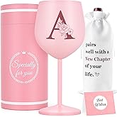 Lifecapido Personalized Gifts for Women, A Initial Gift Stainless Steel Custom Wine Glasses with Wine Bag and Card, Initial Birthday Christmas Monogrammed Gifts for Women