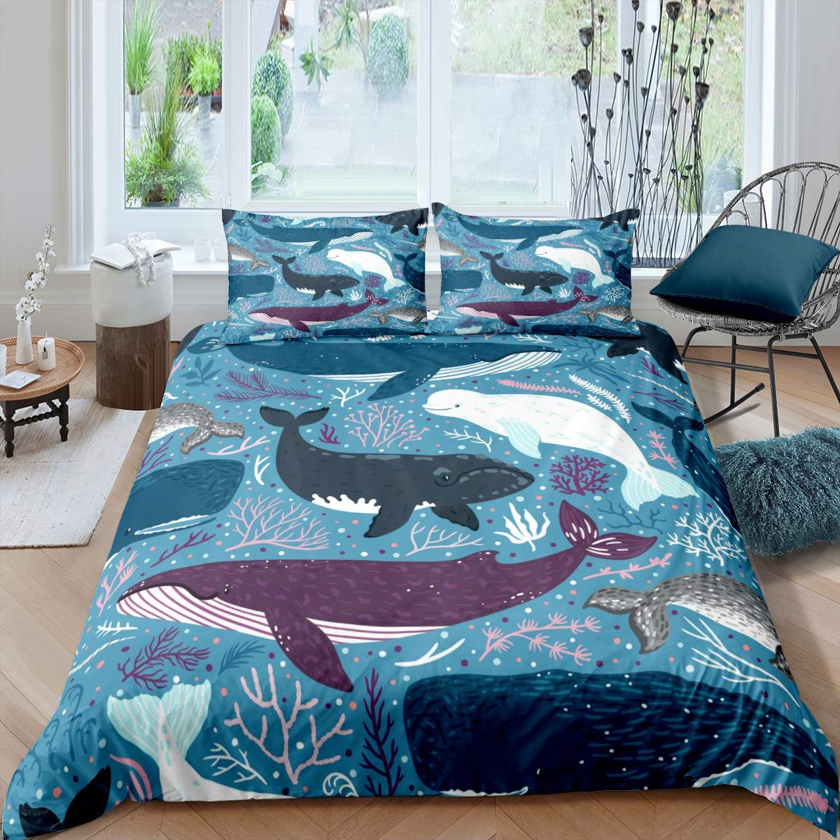 Whales Duvet Cover Ocean Marine Bedding Set Sea Underwater World Comforter Cover for Boys Girls Children Teens Bedroom Decor Creature Sealife Bedspread Cover Single With 1 Pillow Case