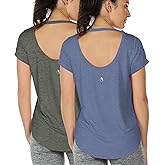 icyzone Open Back Yoga Shirts for Women - Exercise Workout Tops, Athletic Short Sleeves, Running T-Shirts Loose Fit
