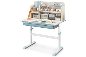 HONEY JOY Kids Desk, Children School Study Desk w/ 7-Level Tiltable Desktop, Height Adjustable Table w/Bookshelf, Pull-Out Drawer & Pen Holder, Student Writing Workstation, Desk for Girls Boys (Blue)