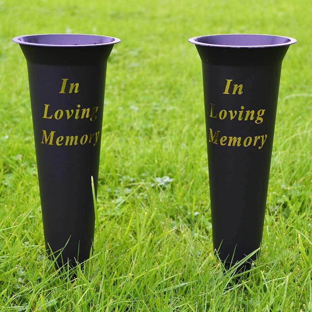 Set of 2 Black In Loving Memory Spiked Memorial Grave Flower Vases