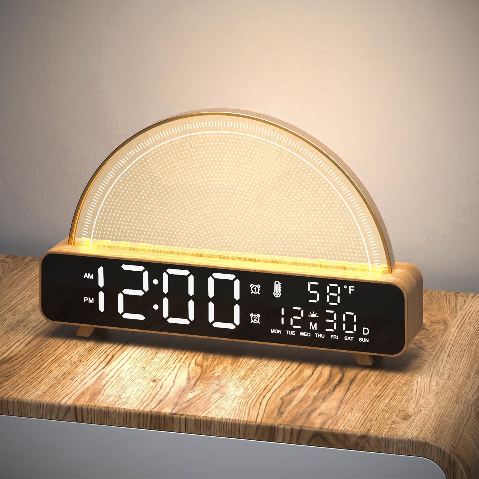 Photo 1 of Ontseev Sunrise Alarm Clock Sleep Sound Machine Temperature/Calendar Display Wake Up Light with 13 Nature Sounds/Night Lights Dual Alarm Customizable Desk Digital Clock